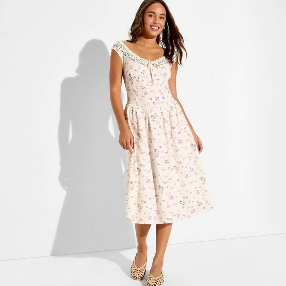 Women's Button-Front Lace Midi Dress - Wild Fable Off-White Floral XS